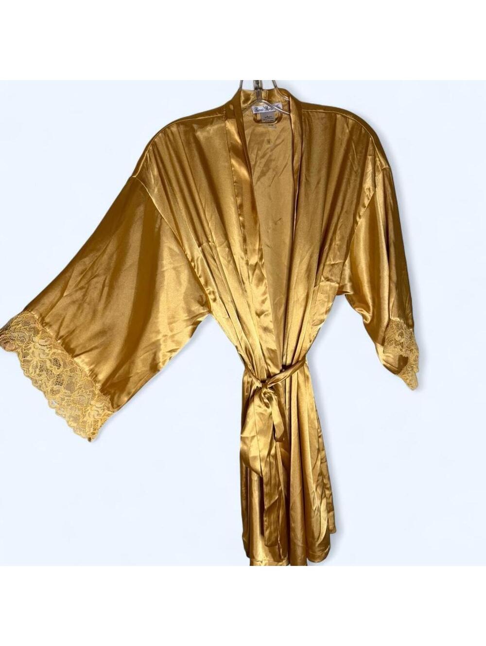 Gold robe with lace trim, featuring a tie waist